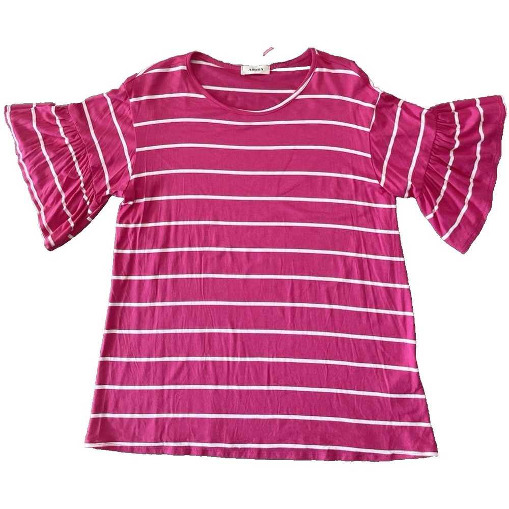 Adora T‎ Shirt Bright Pink Striped Ruffled Sleeves Relaxed Preppy Sz M